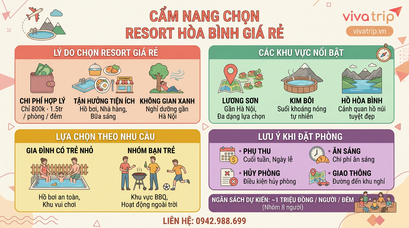 Resort Hòa Bình giá rẻ — những lựa chọn thực tế dưới 1,5 triệu/phòng/đêm