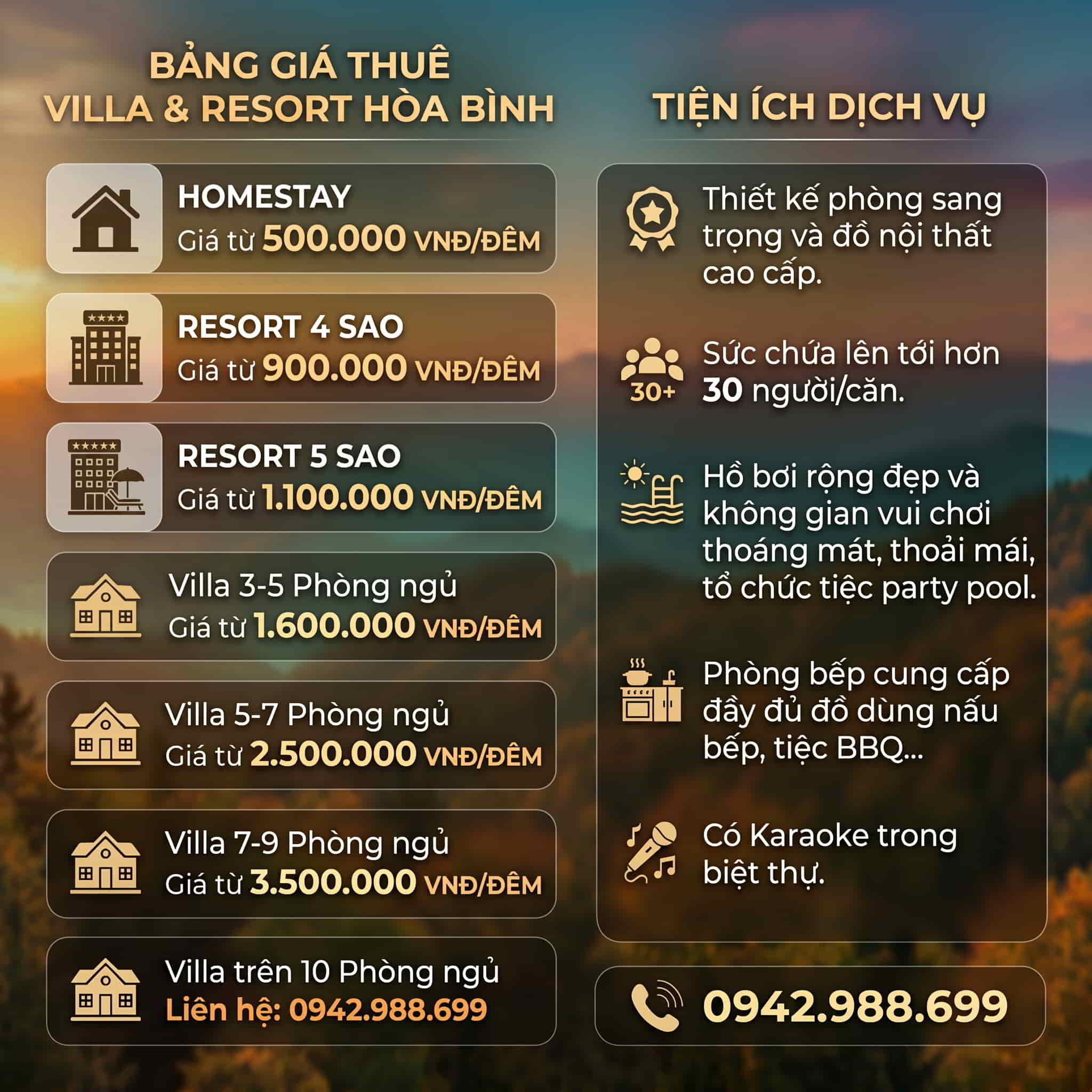 Bảng Giá Thuê Viila Hoà Bình